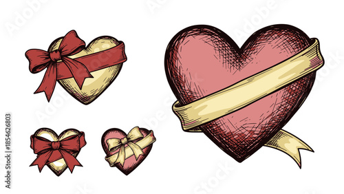 Hand-drawn graphic hearts, ribbons, bows for Valentine's Day, showing romance in festive environment, close-up view.