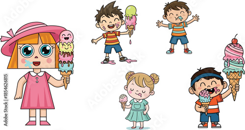 Cartoon children enjoying ice cream, summer treat fun, colorful vector illustration of happy kids with cones, dessert joy, playful childhood moment