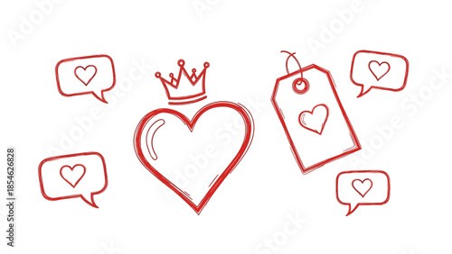 An enhanced digital illustration for Valentine, showcasing crowned hearts and social media love symbols with a charming, textured aesthetic.