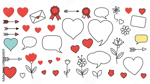 Valentine graphic collection: romantic hearts, arrows, speech bubbles, and love symbols on a dark background.