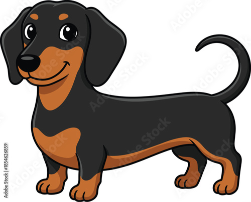 Cartoon dachshund dog with black and tan markings standing and smiling Keywords: dog, dachshund, sausage dog, puppy, canine, pet