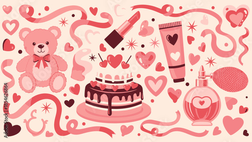 A festive flat illustration showcasing charming romantic gifts and symbols for a sweet Valentine celebration, arranged beautifully from a top-down perspective.