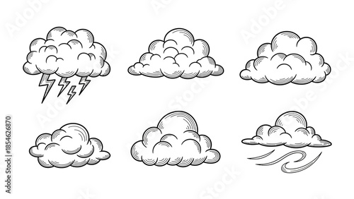 Hand drawn cloud icon set showing varied weather and storm illustrations