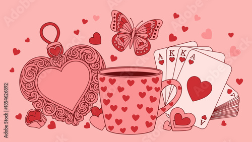 A delightful Valentine's illustration featuring romantic heart motifs, playing cards, a butterfly, and a cozy beverage mug.