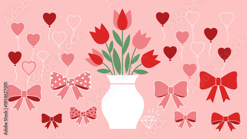 A charming flat lay illustration of festive Valentine elements: heart balloons, flowers, and bows, symbolizing love.