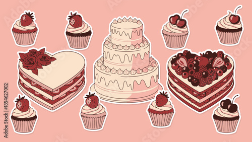Assorted cakes and cupcakes with strawberries and cream on a pink background