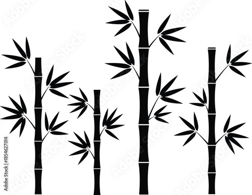 Bamboo plant silhouette vector set, black oriental botanical stems with leaves isolated on white background for asian decor designs