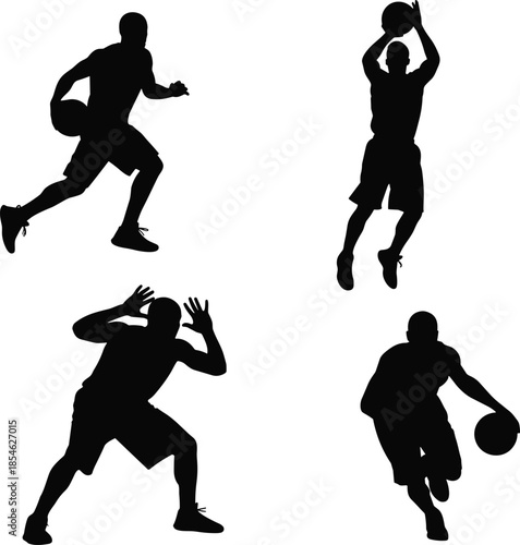 Basketball player silhouette vector set, athletes dribbling shooting jumping isolated on white background for sport fitness design projects