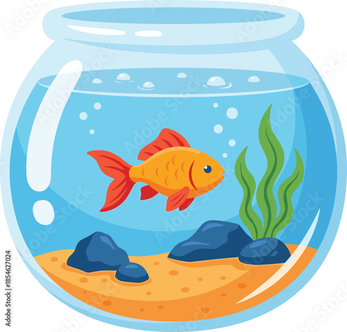 Cartoon Goldfish Swimming in a Round Glass Bowl with Plants and Rocks aquarium