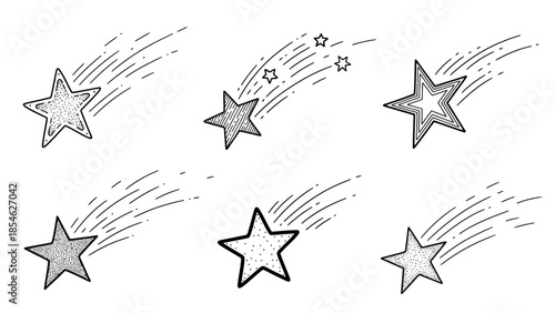 Hand drawn shooting star illustrations and trailing celestial doodles in monochrome style