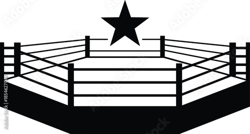 Boxing, ring, silhouette, vector, illustration, black, arena, sport, competition, championship, fight, match, star, stage, isolated, white, background, combat, icon, design