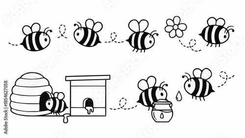 Cute Bee Illustrations Collection with Beehive and Flower.