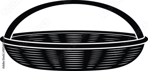 Black, wicker, basket, silhouette, illustration, with, curved, handle, isolated, on, white, background, kitchen, storage, container, icon, vector, design, craft, decor