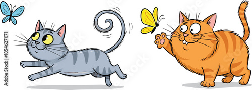 Playful cartoon cats interacting with butterflies, joyful feline expressions, striped fur patterns, whimsical animal scene, colorful insects, cheerful nature moment, vector illustration for kids