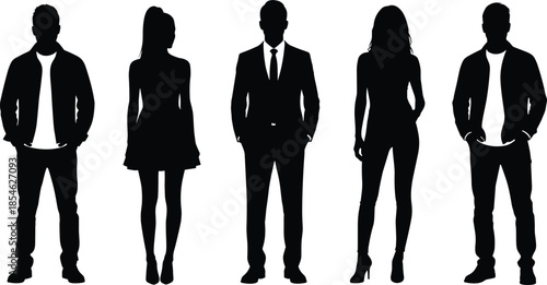 Business, people, standing, silhouette, vector, illustration, black, men, women, office, team, professional, fashion, corporate, style, isolated, white, background, icon, design