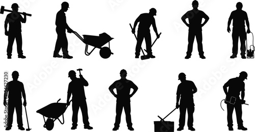Construction, workers, silhouettes, vector, set, builder, laborer, tools, hammer, wheelbarrow, safety, industry, black, illustration, isolated, white, background, job, profession, icons