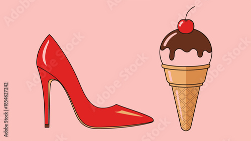 Elegant red high-heeled shoe and sweet ice cream cone illustration, a perfect Valentine pairing on a soft pink background.