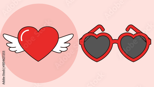 Valentine's graphic illustration: winged heart and stylish heart sunglasses, viewed directly in playful romantic setting.