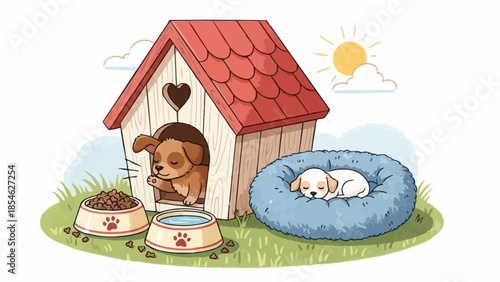 Cute puppies sleeping in dog house and bed on sunny day.