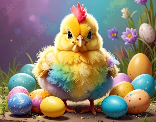 Adorable yellow chick with rainbow feathers surrounded by colorful Easter eggs