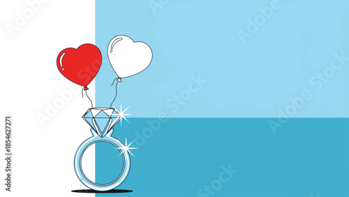 Valentine's graphic illustration: dazzling diamond ring, heart balloons in stylized abstract setting, symbolizing romantic celebration.