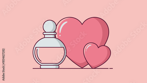 Charming illustration for Valentine's Day, showcasing a delicate perfume bottle alongside loving pink hearts, symbolizing romantic affection and gift-giving.
