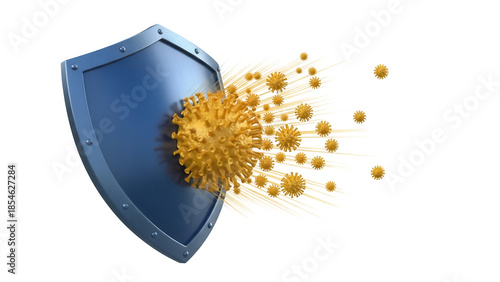 Blue shield protecting against yellow virus PNG isolated on transparent background, concept for health care and protection from disease