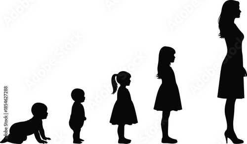 Female life stages silhouette vector illustration, girl growing from baby to woman isolated on white background for development concept designs