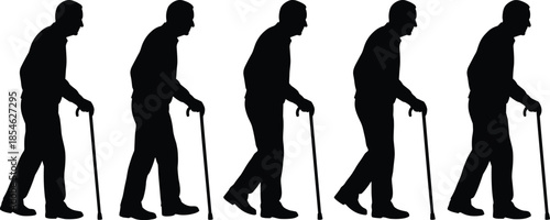 Elderly, man, walking, with, cane, silhouette, vector, illustration, black, aging, senior, support, mobility, healthcare, retirement, life, balance, disability, icon, design