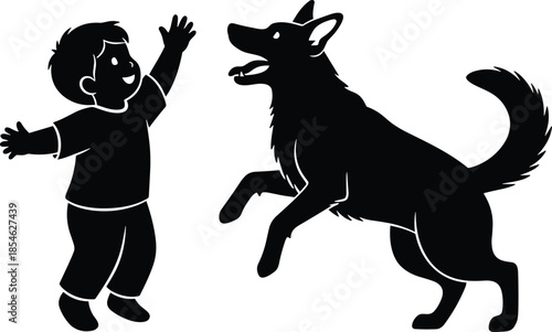 Happy child playing with dog silhouette vector illustration, cute kid and pet jumping together isolated on white background design