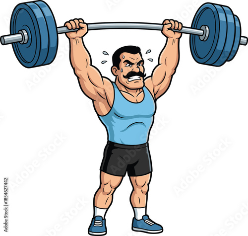 Cartoon Muscular Man Lifting Heavy Barbell with Blue Weights Keywords: man, muscular, weightlifter, athlete, strong, powerful