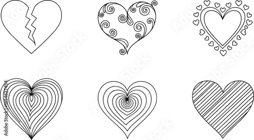 Heart, doodle, set, outline, vector, illustration, love, romance, decorative, pattern, hand, drawn, sketch, black, white, design, collection, icon, art, symbol