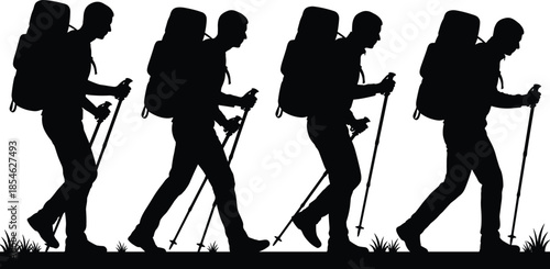 Hiker, backpacker, trekking, silhouette, vector, illustration, man, walking, outdoors, adventure, hiking, poles, mountain, trail, travel, nature, expedition, fitness, journey, design