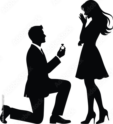 Man proposing to woman silhouette vector illustration, romantic marriage engagement scene isolated on white background for love design projects