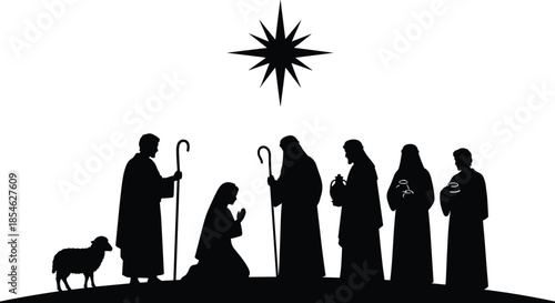 Nativity, Christmas, silhouette, holy family, three wise men, shepherd, star of Bethlehem, biblical, religious, 