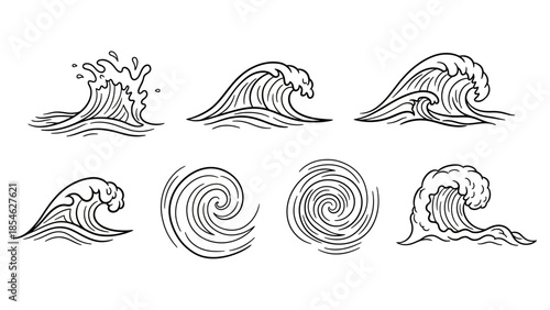 Set of eight stylized black line art ocean waves and spiral icons for design