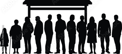 People waiting at bus stop silhouette vector illustration, crowd standing in queue isolated on white background for public transport designs