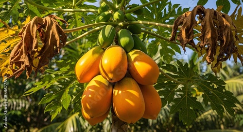 Ripe papaya fruits hanging on tree with green foliage in sunlight