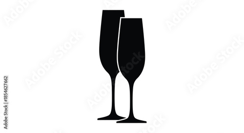 A simple graphic depiction of two elegant champagne flutes against a white background silhouette