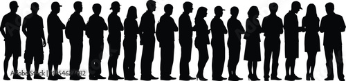 People, standing, in, line, silhouette, vector, illustration, black, crowd, queue, waiting, group, society, diversity, business, community, isolated, white, background, icon