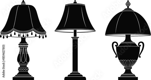 Vintage table lamp silhouettes vector set, classic decorative desk lighting designs isolated on white background for interior decor projects