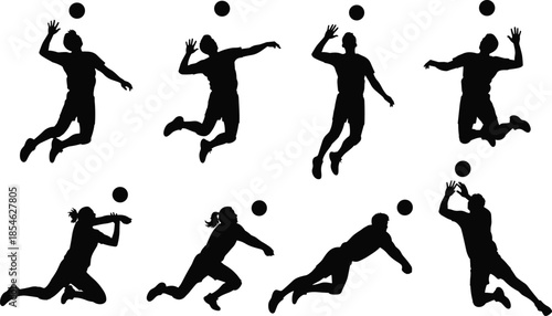 Volleyball, players, jumping, silhouette, vector, illustration, black, sport, action, spike, block, serve, team, competition, athletic, isolated, white, background, icon, design