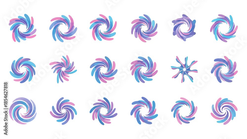 Vibrant abstract swirling shapes and colorful spiral patterns. A collection of dynamic motion graphic elements for modern design, digital art, and branding logos