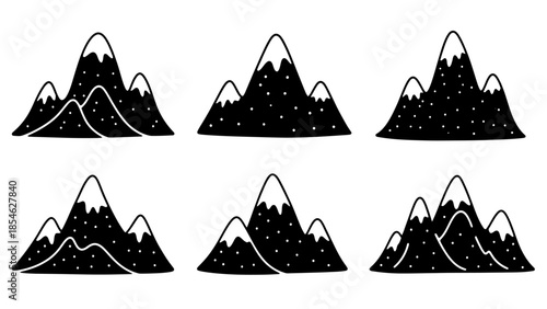 Six minimalist black and white mountain icons with snowy peaks and dotted textures