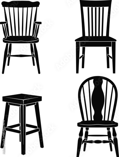 Wooden chair and stool silhouette vector set, black furniture icons isolated on white background for interior design projects illustration