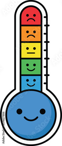 Colorful thermometer with faces showing emotions from sad to happy Keywords: thermometer, emotion, scale, faces, happy, sad