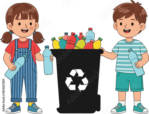 Cute boy and girl recycling plastic bottles together, teaching waste sorting, environmental responsibility, sustainability awareness, eco friendly habits illustration
