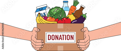 Hands holding donation food box with fresh groceries, charity support, food aid concept, community help, volunteering illustration