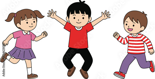 Happy children jumping and playing together, joyful kids activity, friendship and fun concept, childhood energy, cartoon illustration