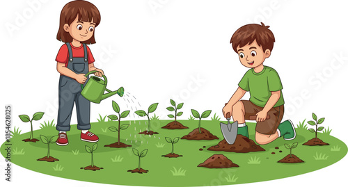 Happy children planting young seedlings in a garden together, learning teamwork, nature care, sustainability, and environmental education outdoors